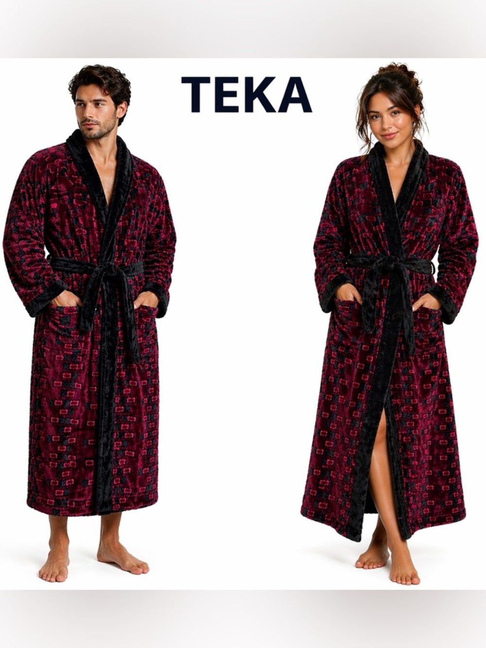 TEKA Plush Robe‎ One Size Burgundy Black cotton vicose Belted Long Bathrobe